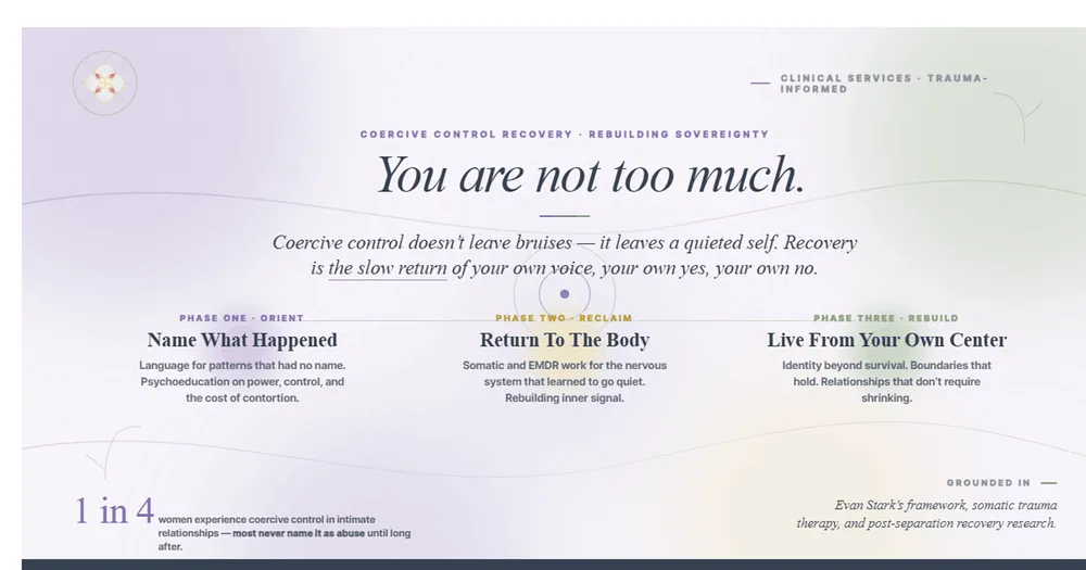 “You are not too much.” — Coercive control recovery hero showing three phases: Name What Happened, Return To The Body, Live From Your Own Center.