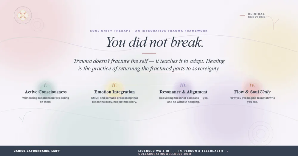 “You did not break.” — Soul Unity Therapy framework hero showing four pillars: Active Consciousness, Emotion Integration, Resonance & Alignment, Flow & Soul Unity.