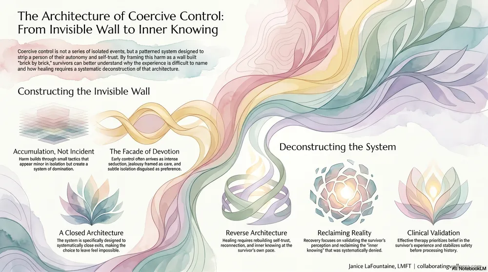 Editorial infographic depicting coercive control as a wall built brick by brick over time