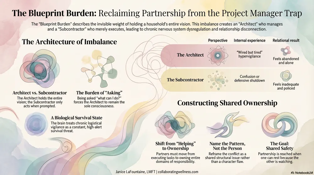 Three-section guide to The Blueprint Burden of the Architect vs Subcontractor household dynamic: the architecture of imbalance, a comparison of perspective and internal experience, and constructing shared ownership by shifting from helping to ownership.