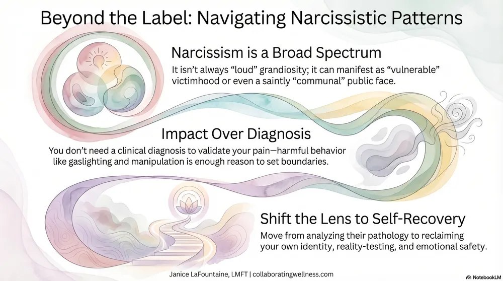 Three-panel guide to navigating narcissistic patterns beyond the label: narcissism as a broad spectrum from grandiose to vulnerable to communal, prioritizing impact over diagnosis when setting boundaries, and shifting the lens from their pathology to your own self-recovery.