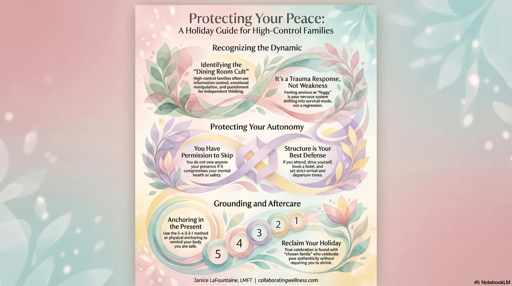 Holiday guide for high-control families in three stages: recognizing the dynamic, protecting your autonomy with structure and permission to skip, and grounding and aftercare practices to reclaim your peace.