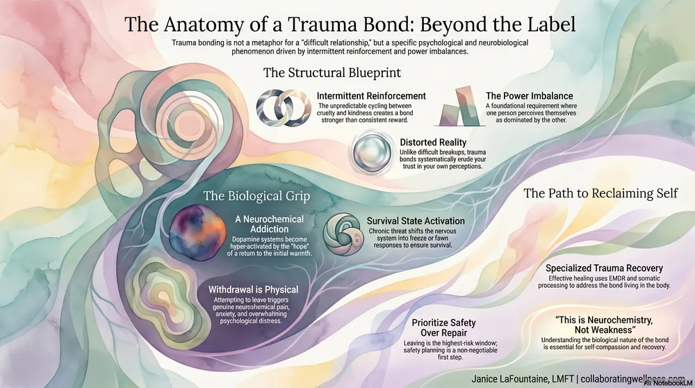 Three-section anatomy of a trauma bond: the structural blueprint of intermittent reinforcement and power imbalance, the biological grip of neurochemical addiction and survival responses, and the path to reclaiming self through safety-first trauma recovery.