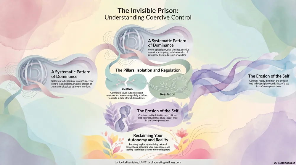 Four-section guide to The Invisible Prison of coercive control: a systematic pattern of dominance, the pillars of isolation and regulation, the erosion of the self through reality distortion, and reclaiming autonomy through rebuilt connections and trauma-informed support.