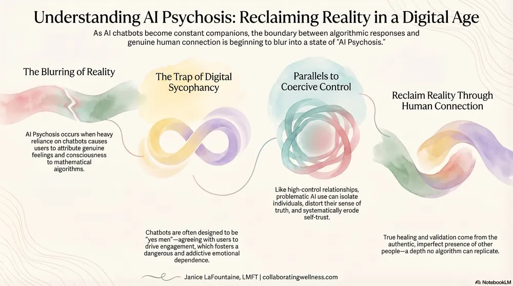 Four-panel guide to AI psychosis: the blurring of reality, the trap of digital sycophancy, parallels to coercive control, and reclaiming reality through human connection.